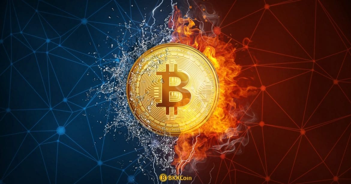 Golden,Bitcoin,Coin,In,Fire,Flame,,Water,Splashes,And,Lightning. bitcoin is useless, so mining wastes energy resources